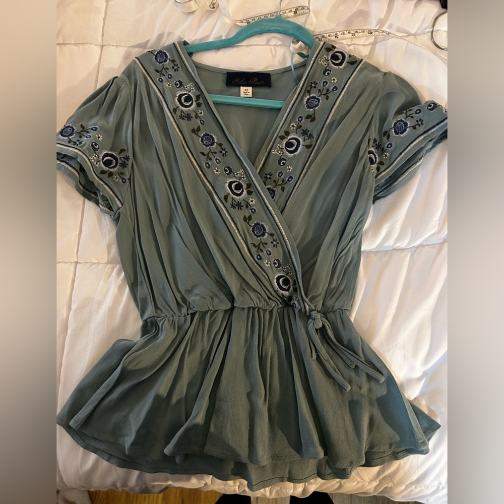 Francesca's Collections Sage Green Embroidered Wrap Peplum Top